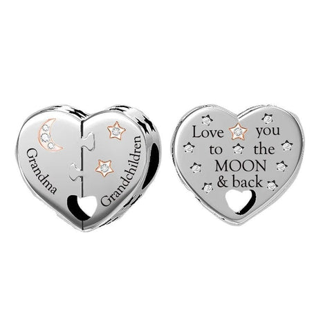 Grandma & Grandchildren Heart Charm Genuine 925 Sterling Silver Rose Gold Bracelet charm, Necklace charm Love you to the moon and back