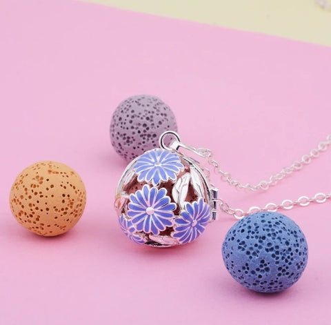 Cornflower Cage Locket Volcanic Stone Necklace Aromatherapy Essential Oil Lava Stone Diffuser Necklace Jewelry for Women Gift 18mm Cage